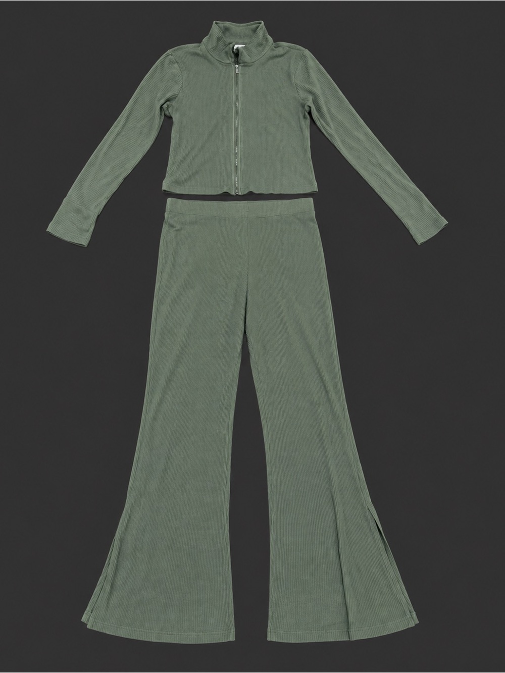 No Boundaries Olive Green Ribbed Wide-Leg Pants Set